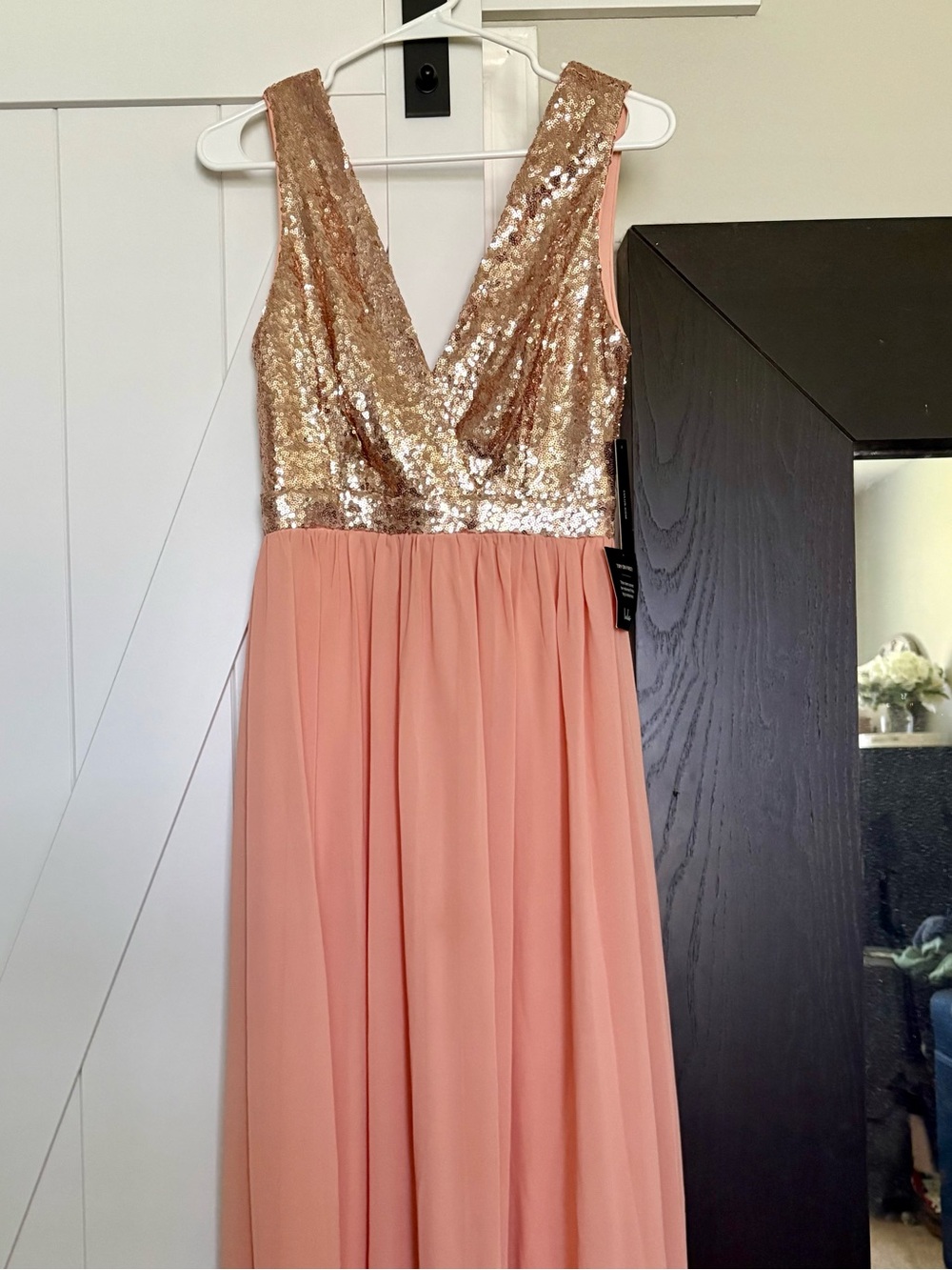 Lulus Sequin Bodice Pink Peach Chiffon Evening Gown